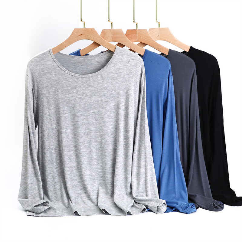 Modális tavaszi őszi férfi otthoni ruha O-nyakú, hosszú ujjú sztreccs fehérnemű Kényelmes alvó felsők Pizsama póló Hálóruha 4XL