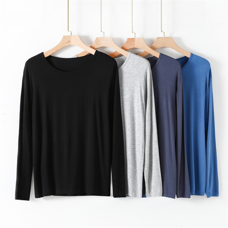 Modális tavaszi őszi férfi otthoni ruha O-nyakú, hosszú ujjú sztreccs fehérnemű Kényelmes alvó felsők Pizsama póló Hálóruha 4XL