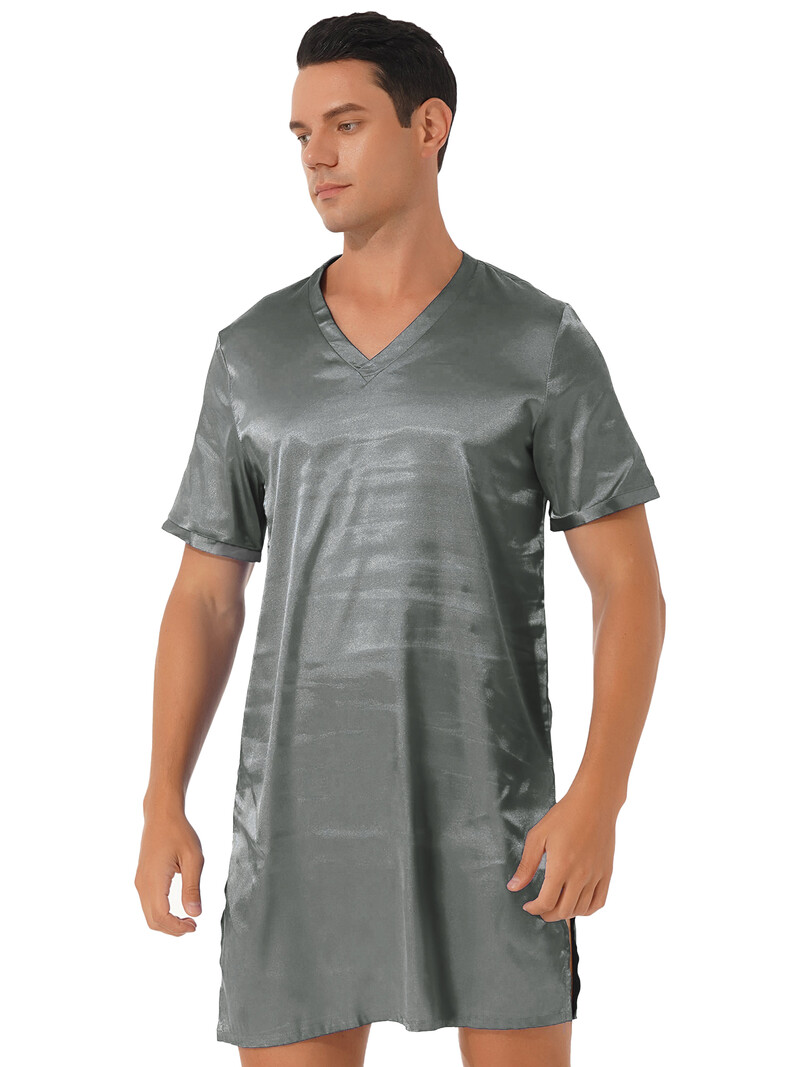 Férfi női szatén pizsama hálóing V nyakú, rövid ujjú fürdőköpeny Hálóruha Pijama hálóruha Otthoni ruházat oldalsó hálóruha