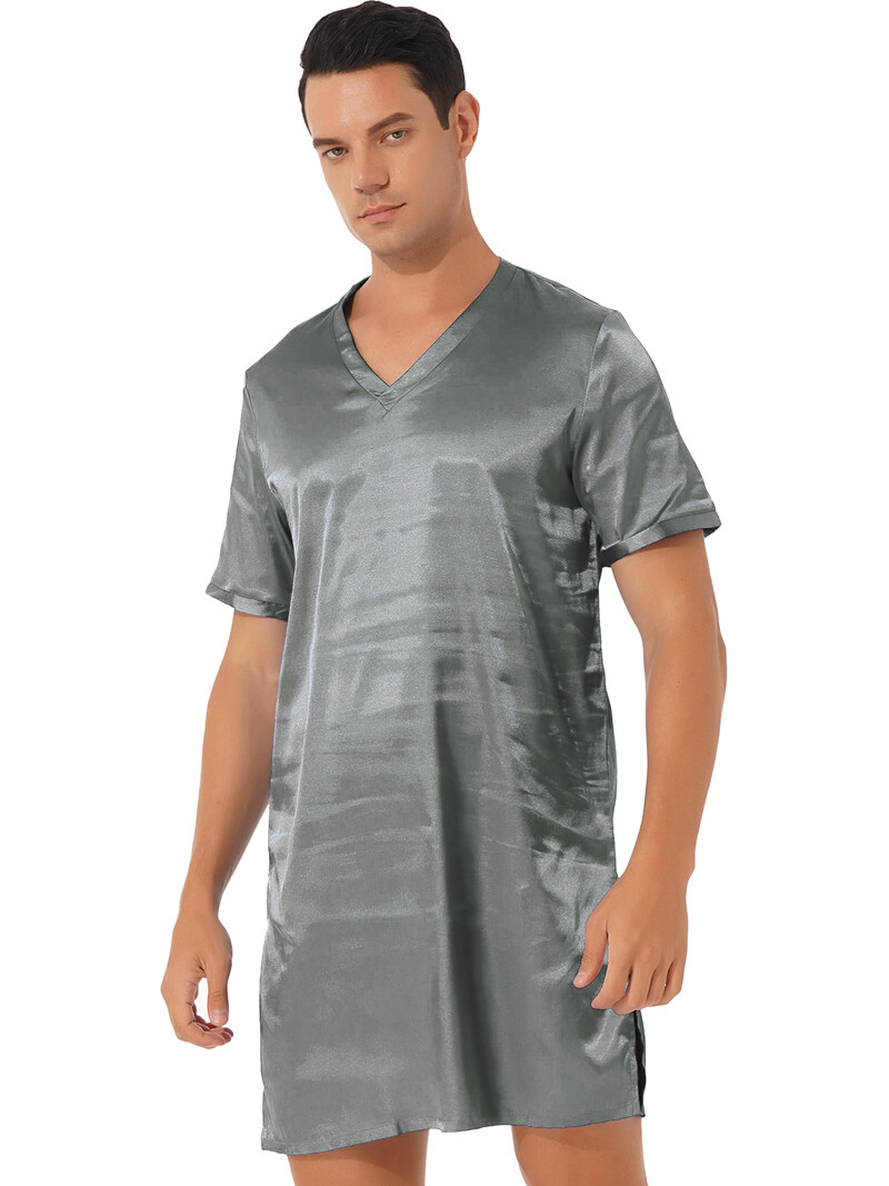 Férfi női szatén pizsama hálóing V nyakú, rövid ujjú fürdőköpeny Hálóruha Pijama hálóruha Otthoni ruházat oldalsó hálóruha
