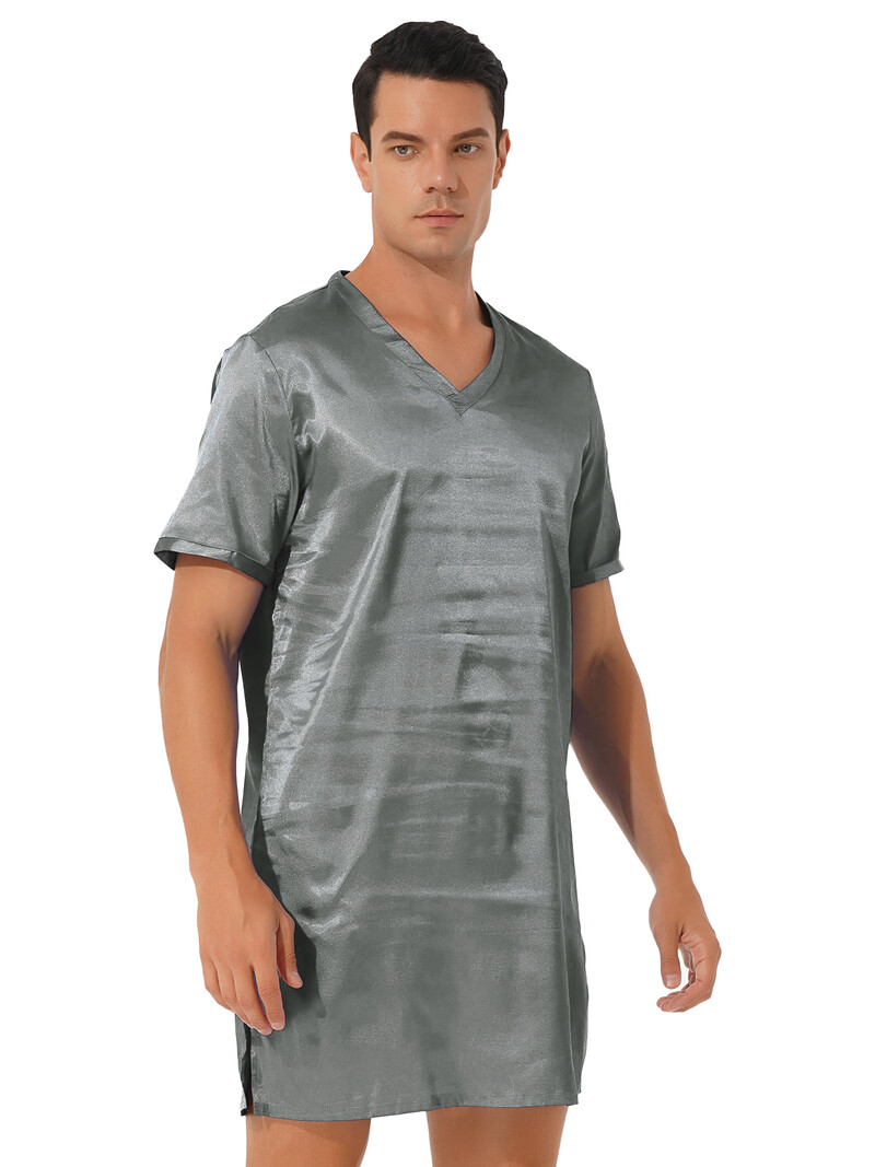 Férfi női szatén pizsama hálóing V nyakú, rövid ujjú fürdőköpeny Hálóruha Pijama hálóruha Otthoni ruházat oldalsó hálóruha