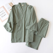 Kimono v japonskom štýle, bavlnená gáza, jarná a jesenná pánska kockovaná nočná košeľa, dvojdielna súprava pyžama s yukata a šnurovaním pre domácu službu