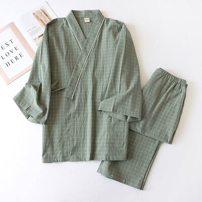 Kimono v japonskom štýle, bavlnená gáza, jarná a jesenná pánska kockovaná nočná košeľa, dvojdielna súprava pyžama s yukata a šnurovaním pre domácu službu