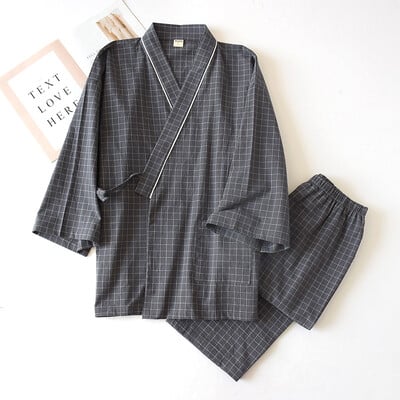 Kimono v japonskom štýle, bavlnená gáza, jarná a jesenná pánska kockovaná nočná košeľa, dvojdielna súprava pyžama s yukata a šnurovaním pre domácu službu