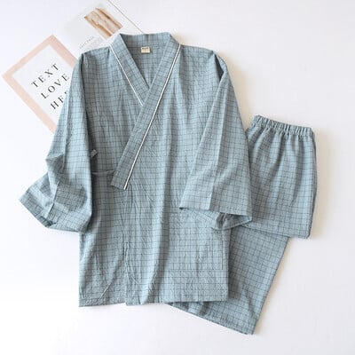 Kimono v japonskom štýle, bavlnená gáza, jarná a jesenná pánska kockovaná nočná košeľa, dvojdielna súprava pyžama s yukata a šnurovaním pre domácu službu