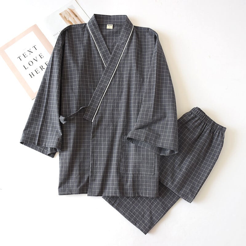 Kimono v japonskom štýle, bavlnená gáza, jarná a jesenná pánska kockovaná nočná košeľa, dvojdielna súprava pyžama s yukata a šnurovaním pre domácu službu