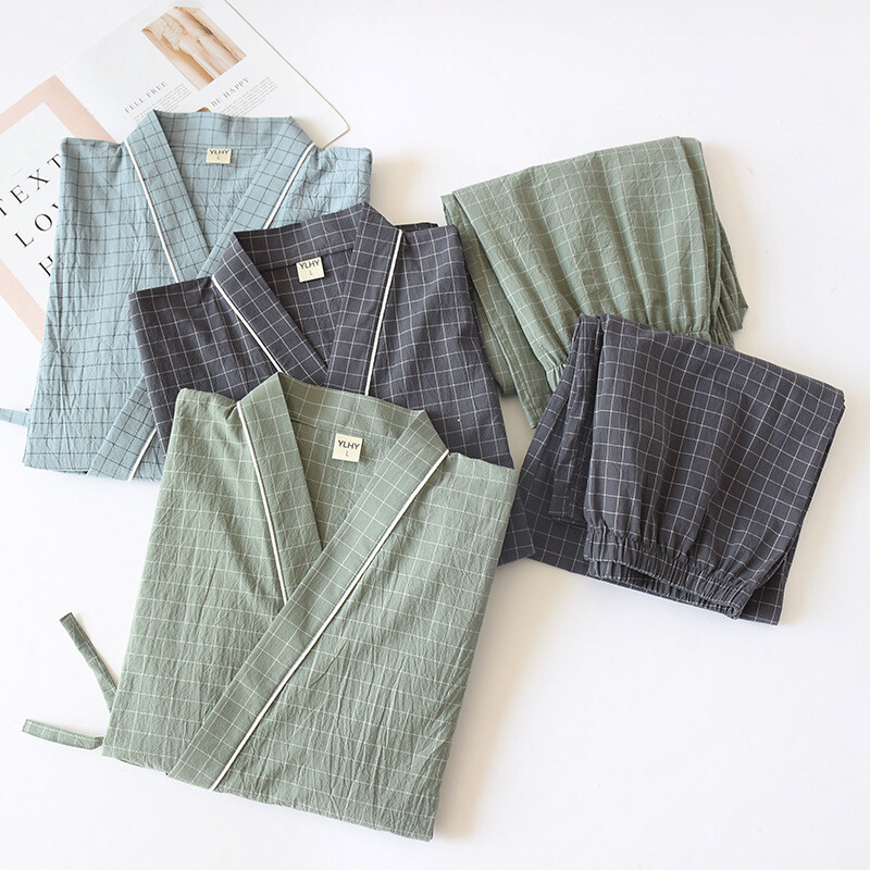 Kimono v japonskom štýle, bavlnená gáza, jarná a jesenná pánska kockovaná nočná košeľa, dvojdielna súprava pyžama s yukata a šnurovaním pre domácu službu