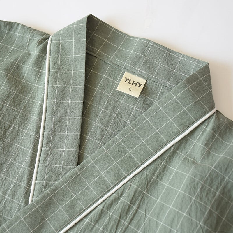 Kimono v japonskom štýle, bavlnená gáza, jarná a jesenná pánska kockovaná nočná košeľa, dvojdielna súprava pyžama s yukata a šnurovaním pre domácu službu