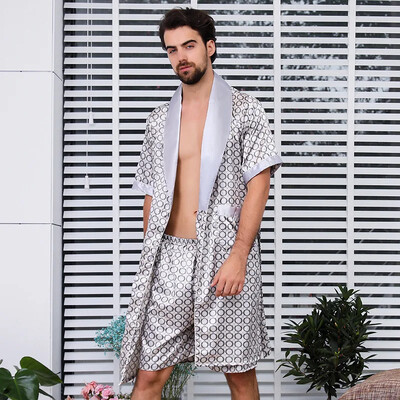 Мъжки големи размери 3XL 4XL 5XL Спално облекло Сатенено домашно облекло с принт Халат Костюм 2 бр. Халат и къси панталони Свободно нощно облекло Газон Мъжка нощница