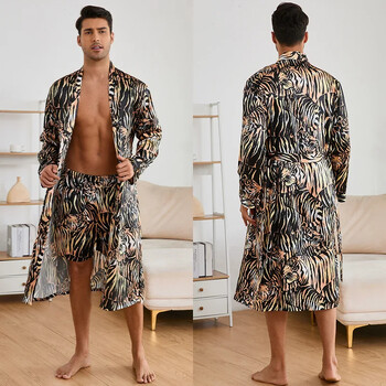 Fashion Tiger Print Loungewear 2τμχ Σετ ρόμπα 2024 Φθινόπωρο Νέα Ανδρικά Σορτς Ανδρικά Σατέν Νυχτικά Casual Ρούχα σπιτιού