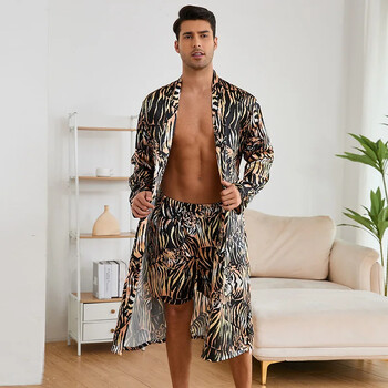 Fashion Tiger Print Loungewear 2τμχ Σετ ρόμπα 2024 Φθινόπωρο Νέα Ανδρικά Σορτς Ανδρικά Σατέν Νυχτικά Casual Ρούχα σπιτιού