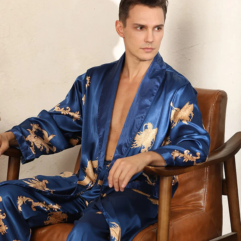 Luksuzni muški kimono s crnim satenskim dugim ogrtačem s printom zmaja Ljetni ultra tanki cool muški svileni ogrtači + pidžama hlače kimono hombre