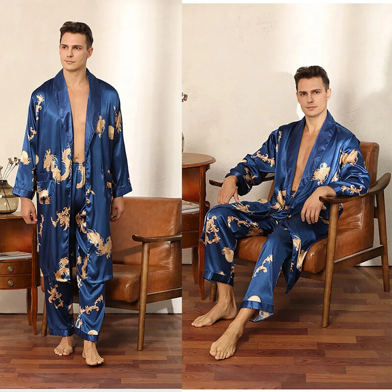 Luksuzni muški kimono s crnim satenskim dugim ogrtačem s printom zmaja Ljetni ultra tanki cool muški svileni ogrtači + pidžama hlače kimono hombre