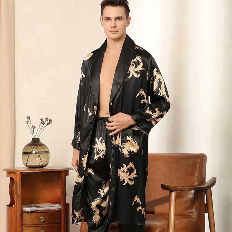 Luksuzni muški kimono s crnim satenskim dugim ogrtačem s printom zmaja Ljetni ultra tanki cool muški svileni ogrtači + pidžama hlače kimono hombre