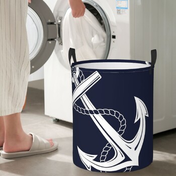 Anchor Nautical White & Navy Πτυσσόμενα Καλάθια Πλυντηρίου Βρώμικα Ρούχα Παιχνίδια Διάφορα Καλάθι Αποθήκευσης Home Organizer Μεγάλο Αδιάβροχο