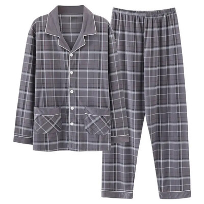 Vyriškos 100 % medvilnės rudens pižamos rinkinys laisvos ilgos rankovės kelnės, tinkamos vidutinio amžiaus pagyvenusiems žmonėms