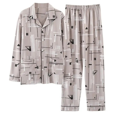 Vyriškos 100 % medvilnės rudens pižamos rinkinys laisvos ilgos rankovės kelnės, tinkamos vidutinio amžiaus pagyvenusiems žmonėms