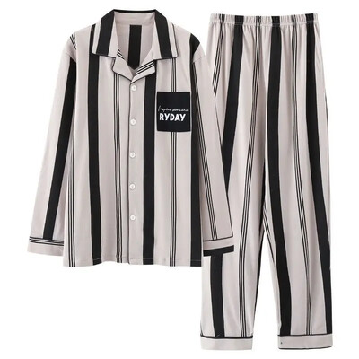 Vyriškos 100 % medvilnės rudens pižamos rinkinys laisvos ilgos rankovės kelnės, tinkamos vidutinio amžiaus pagyvenusiems žmonėms