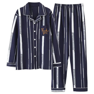 Vyriškos 100 % medvilnės rudens pižamos rinkinys laisvos ilgos rankovės kelnės, tinkamos vidutinio amžiaus pagyvenusiems žmonėms