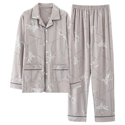 Vyriškos 100 % medvilnės rudens pižamos rinkinys laisvos ilgos rankovės kelnės, tinkamos vidutinio amžiaus pagyvenusiems žmonėms