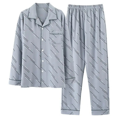 Vyriškos 100 % medvilnės rudens pižamos rinkinys laisvos ilgos rankovės kelnės, tinkamos vidutinio amžiaus pagyvenusiems žmonėms