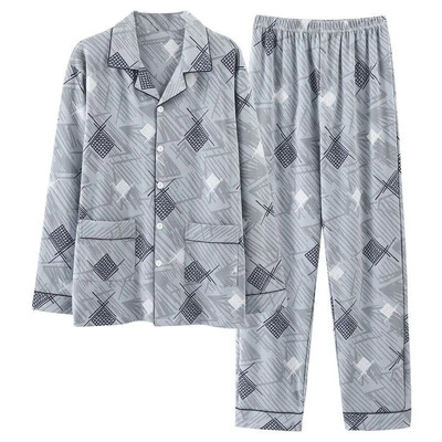 Vyriškos 100 % medvilnės rudens pižamos rinkinys laisvos ilgos rankovės kelnės, tinkamos vidutinio amžiaus pagyvenusiems žmonėms