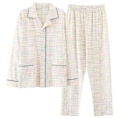 Vyriškos 100 % medvilnės rudens pižamos rinkinys laisvos ilgos rankovės kelnės, tinkamos vidutinio amžiaus pagyvenusiems žmonėms