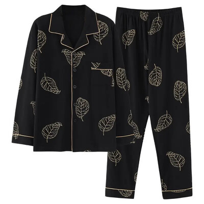 Vyriškos 100 % medvilnės rudens pižamos rinkinys laisvos ilgos rankovės kelnės, tinkamos vidutinio amžiaus pagyvenusiems žmonėms