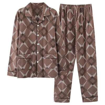 Vyriškos 100 % medvilnės rudens pižamos rinkinys laisvos ilgos rankovės kelnės, tinkamos vidutinio amžiaus pagyvenusiems žmonėms