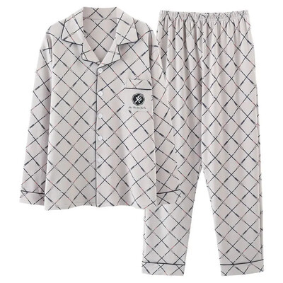 Vyriškos 100 % medvilnės rudens pižamos rinkinys laisvos ilgos rankovės kelnės, tinkamos vidutinio amžiaus pagyvenusiems žmonėms