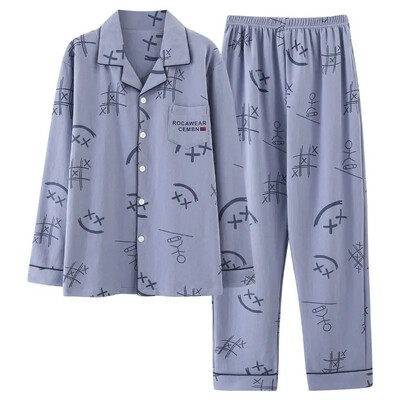 Vyriškos 100 % medvilnės rudens pižamos rinkinys laisvos ilgos rankovės kelnės, tinkamos vidutinio amžiaus pagyvenusiems žmonėms