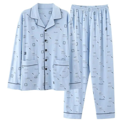 Vyriškos 100 % medvilnės rudens pižamos rinkinys laisvos ilgos rankovės kelnės, tinkamos vidutinio amžiaus pagyvenusiems žmonėms