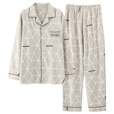 Vyriškos 100 % medvilnės rudens pižamos rinkinys laisvos ilgos rankovės kelnės, tinkamos vidutinio amžiaus pagyvenusiems žmonėms