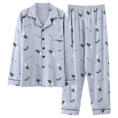 Vyriškos 100 % medvilnės rudens pižamos rinkinys laisvos ilgos rankovės kelnės, tinkamos vidutinio amžiaus pagyvenusiems žmonėms