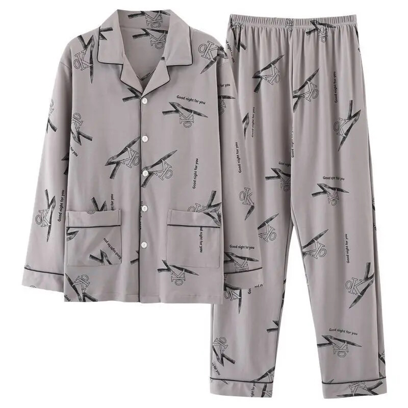 Vyriškos 100 % medvilnės rudens pižamos rinkinys laisvos ilgos rankovės kelnės, tinkamos vidutinio amžiaus pagyvenusiems žmonėms