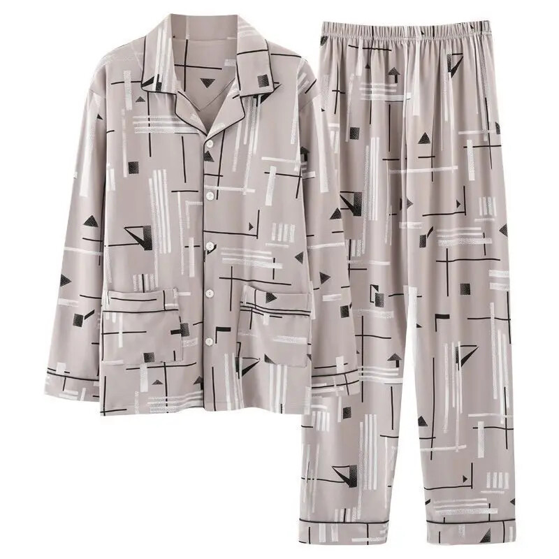 Vyriškos 100 % medvilnės rudens pižamos rinkinys laisvos ilgos rankovės kelnės, tinkamos vidutinio amžiaus pagyvenusiems žmonėms