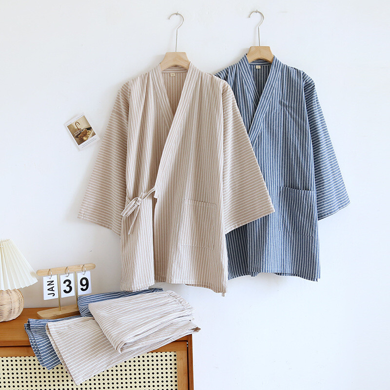 2024 Άνοιξη Καλοκαίρι Ιαπωνικά Σετ Πυτζάμες Ανδρικά 100% βαμβακερά σετ ρόμπες σπα Boxer Ρόμπες κιμονό υψηλής ποιότητας Ανδρικές ριγέ οικιακές ρόμπες