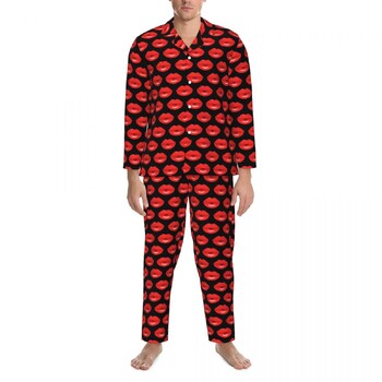 Κόκκινα ραμμένα χείλη Πυτζάμες Άντρας Funny Lip Soft Home Nightwear Spring Two Piece Casual Loose Oversize Προσαρμοσμένο Οικιακό Κοστούμι