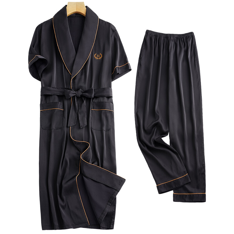 Ανδρικά μακριές ρόμπες καλοκαιρινά Σετ Πυτζάμες Μεταξωτές Σατέν Ανδρικές κοντομάνικες μπουρνούζι+μακρύ παντελόνι 2τμχ Πιτζάμες Ζακέτα Πυτζάμες 4XL