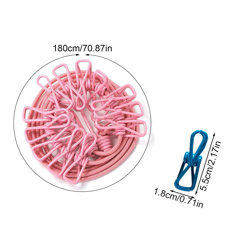 180 cm nešiojama skalbinių virvė su 12 spaustukų Elastinė vėjui atspari skalbinių džiovinimo pakabos virvė lauko kelionių drabužių kabyklos pakabinimo linija