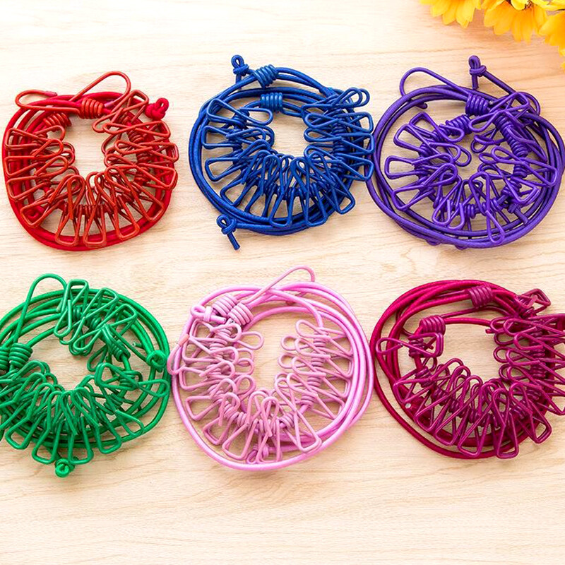 180 cm nešiojama skalbinių virvė su 12 spaustukų Elastinė vėjui atspari skalbinių džiovinimo pakabos virvė lauko kelionių drabužių kabyklos pakabinimo linija