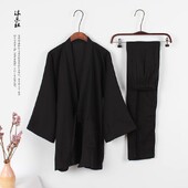 Pánske pyžamo s dlhým rukávom, kimono, pohodlné, čierne, s dlhým rukávom