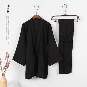 Pánske pyžamo s dlhým rukávom, kimono, pohodlné, čierne, s dlhým rukávom