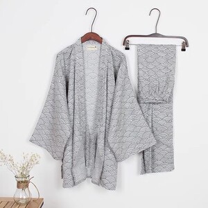 Pánske pyžamo s dlhým rukávom, kimono, pohodlné, čierne, s dlhým rukávom