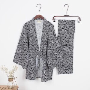 Pánske pyžamo s dlhým rukávom, kimono, pohodlné, čierne, s dlhým rukávom