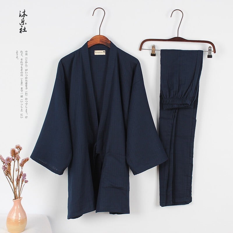 Pánske pyžamo s dlhým rukávom, kimono, pohodlné, čierne, s dlhým rukávom