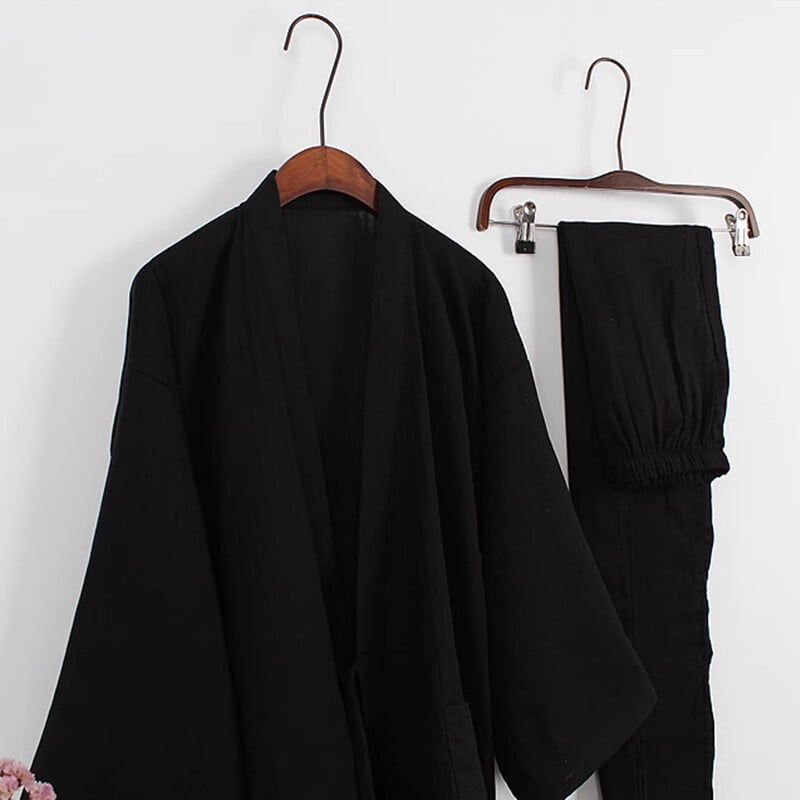 Pánske pyžamo s dlhým rukávom, kimono, pohodlné, čierne, s dlhým rukávom