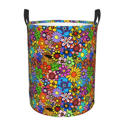 Hipiju mākslas ziedi apaļš veļas grozs salokāms veļas šķērslis ūdensizturīgs Oksfordas lieli apģērbu glabāšanas grozi rotaļlietu organizators