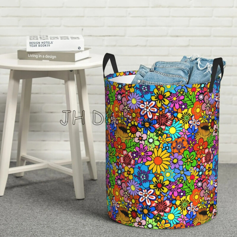 Hipiju mākslas ziedi apaļš veļas grozs salokāms veļas šķērslis ūdensizturīgs Oksfordas lieli apģērbu glabāšanas grozi rotaļlietu organizators