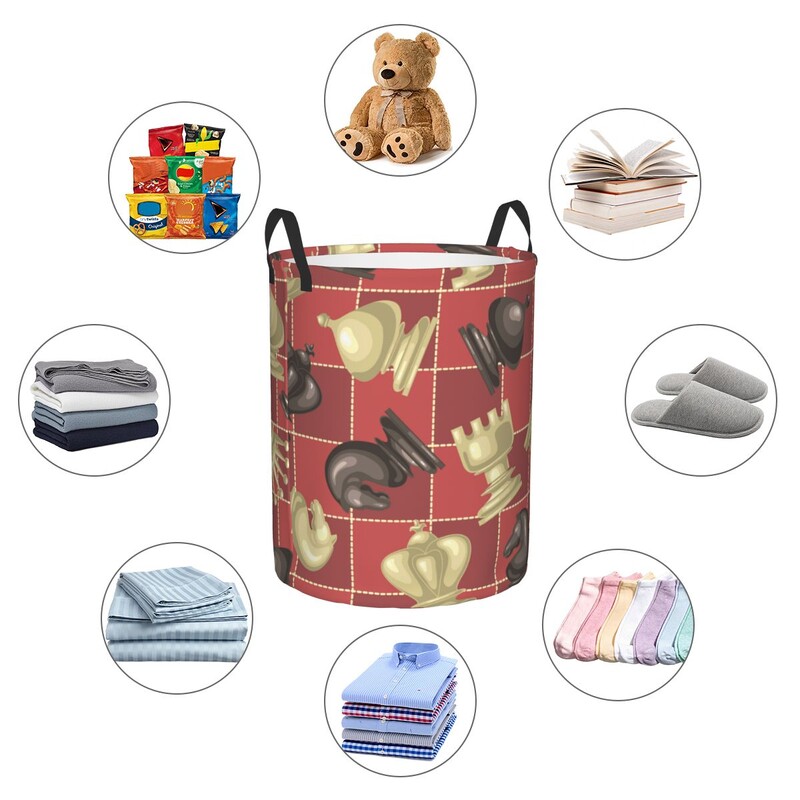 Sulankstomas skalbinių krepšelio šachmatų figūrėlės ant šachmatų lentos apvalios laikymo dėžės, trukdo sulankstyti rūbų kibiras